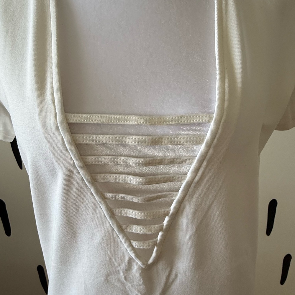 Express White Short-Sleeve Deep V Tee with Ladder Straps - Picture 2 of 5